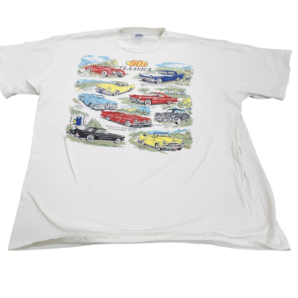 Jerzees Mens 50s Classics Cars Graphic T-Shirt White XL Made in USA 11814